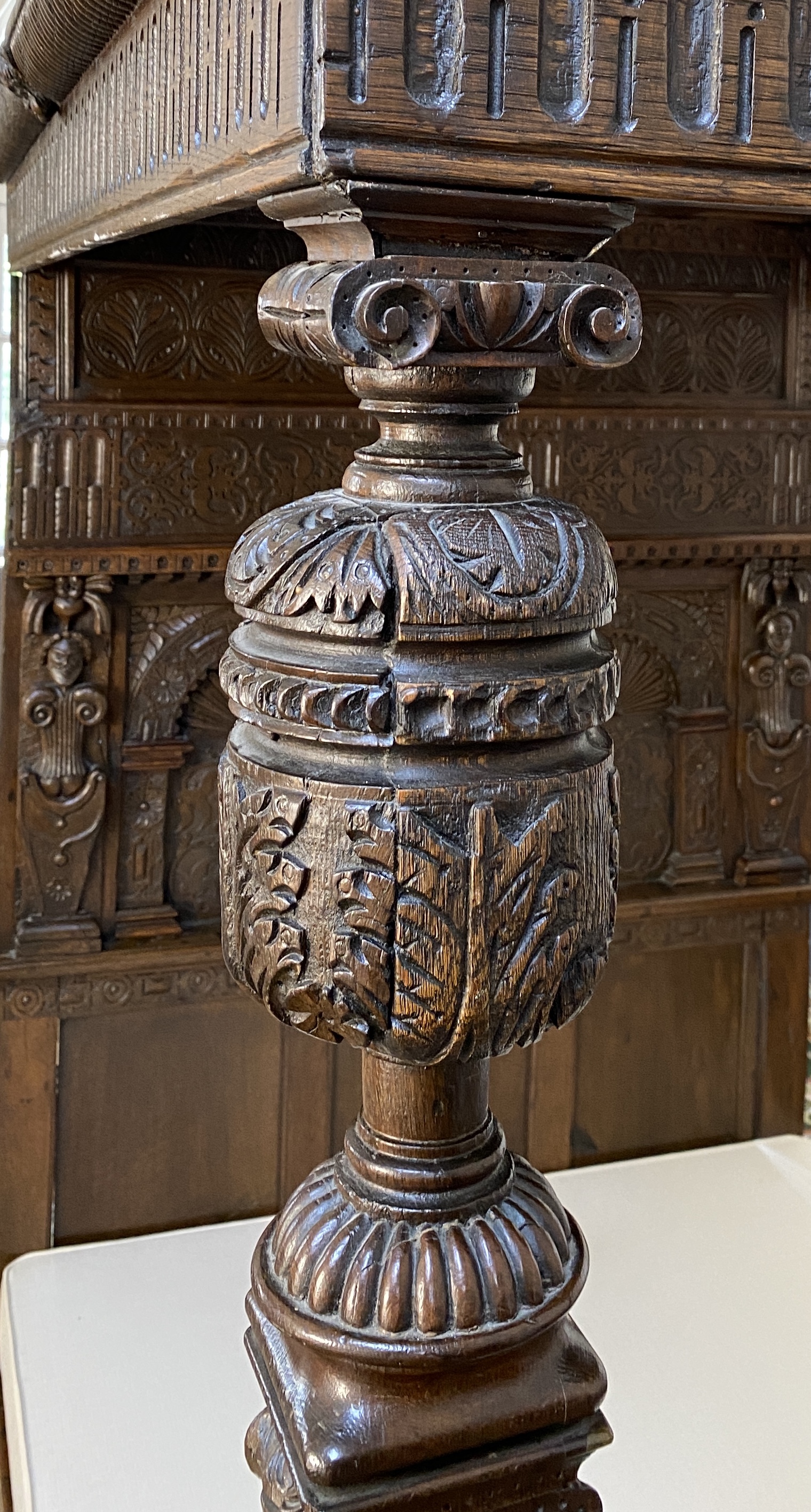 A 17th century style oak tester bedstead, width 144cm, length 202cm, height 206cm